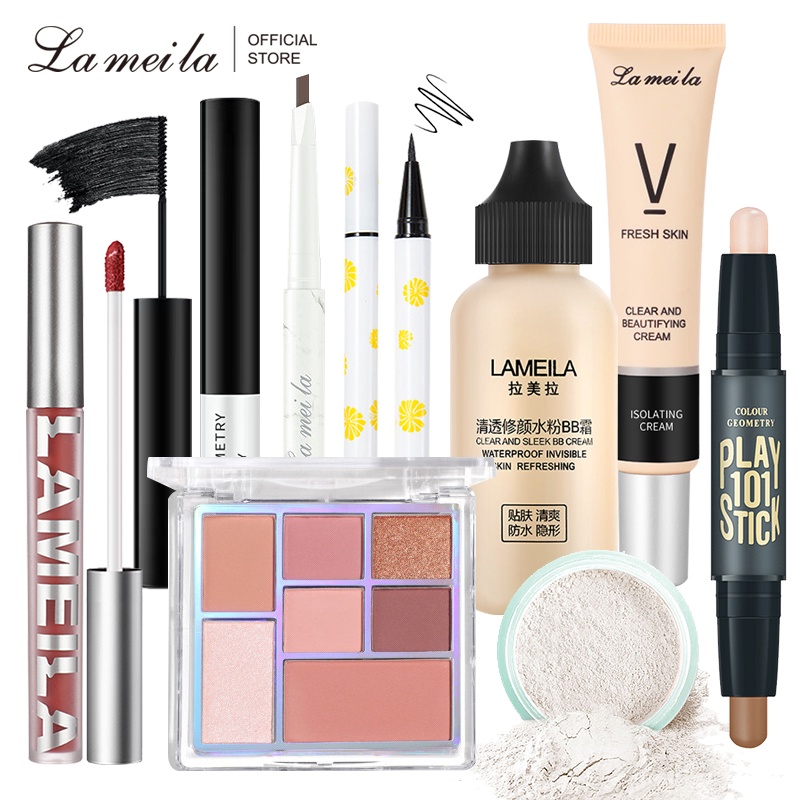 Lameila Makeup Set Isolation Cream Bb Contouring Stick Lipstick Mascara Eyeliner Eyebrow Pencil 7138