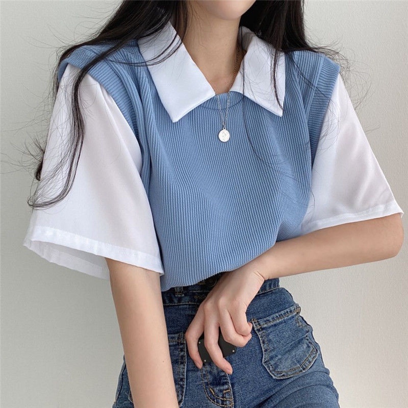 Wholesale Woman T shirt Fake Two Piece College Style Short Sleeve Polo Neck Loose Casual Top Shopee Philippines