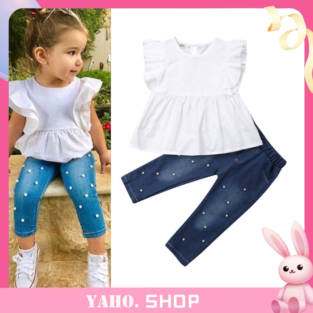 ZXTBaby Girls Jeans Outfits OffShoulder Ruffle Crop Tops Shirt
