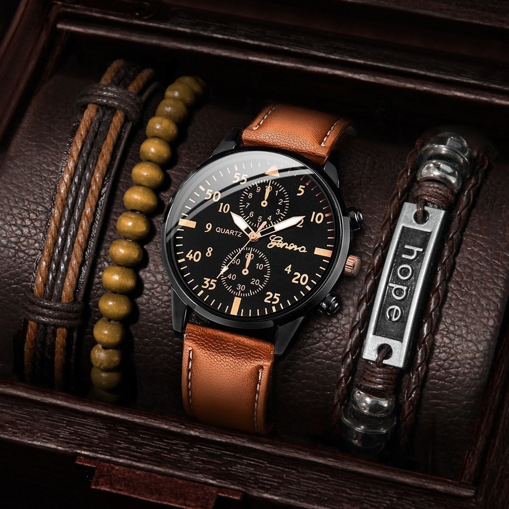 Fashion 4PCS Geneva Men's Vintage Bracelet Watches Set Casual Leather Band  Quartz Watch