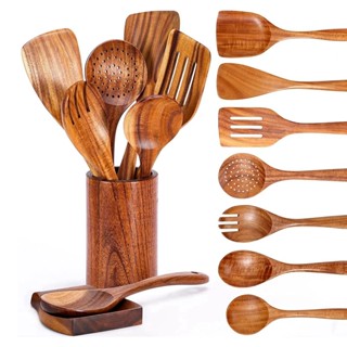 BlauKe Wooden Spoons for Cooking 8-Pack - Bamboo Kitchen Utensils Set - Nonstick Wooden Cooking Utensils - Wood Spatula Spoon Tongs Utensil Holder