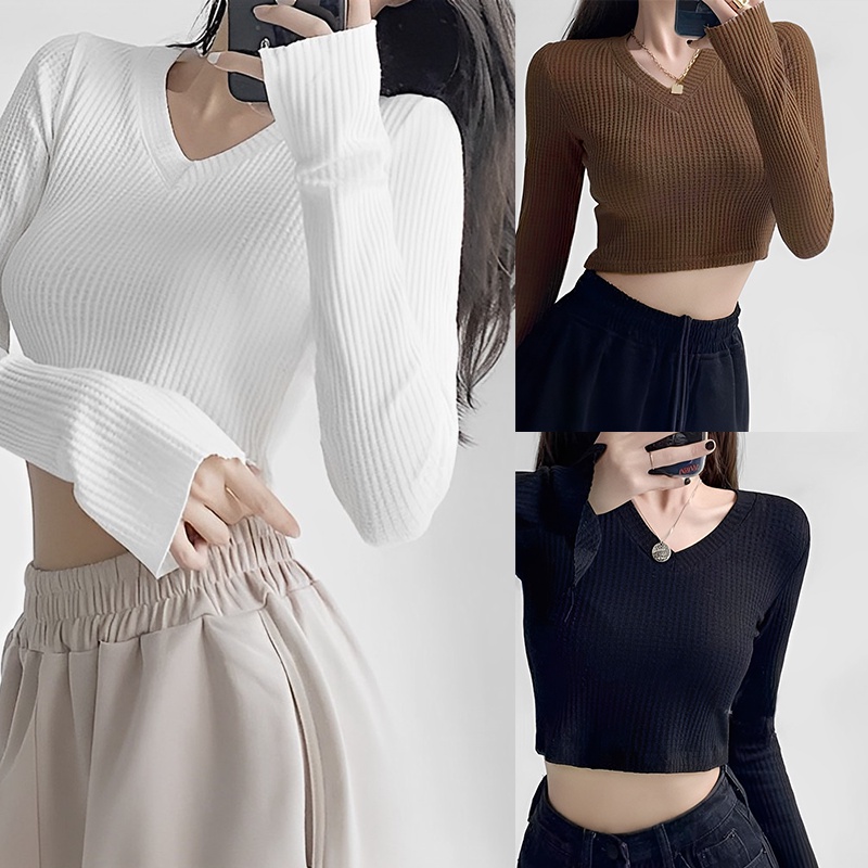 KILY.PH V Neck Tops Long Sleeve With Slit Edge 6A0237 | Shopee Philippines