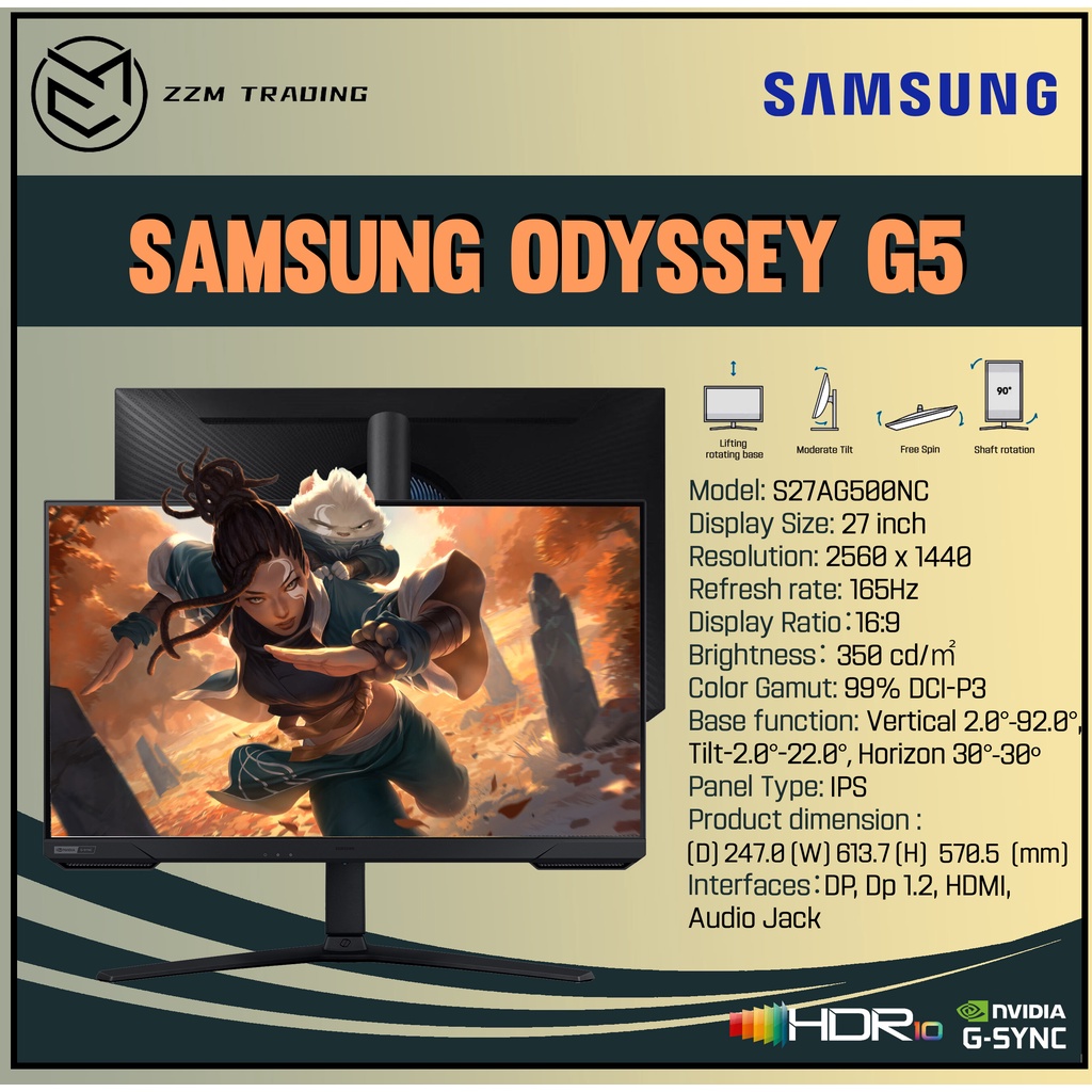 Samsung Odyssey G5 S27AG500NC Panel Gaming Monitor 27" 165Hz IPS 1ms