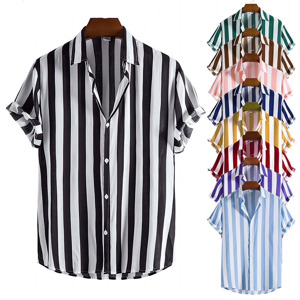 Men S Summer Short Sleeved Shirt Shirt Loose Fashion Stripe Print Shirt European Size Oversized