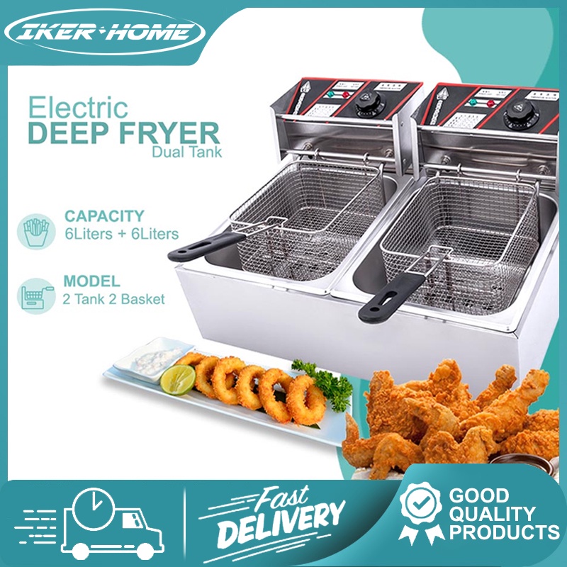 IKER Double Deep Fryer Electric Stainless Steel Deep Oil Fryer (6Liters