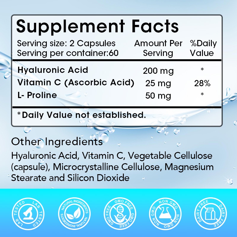 Hyaluronic Acid 200mg with 25mg Vitamin C Per Serving Supports Skin