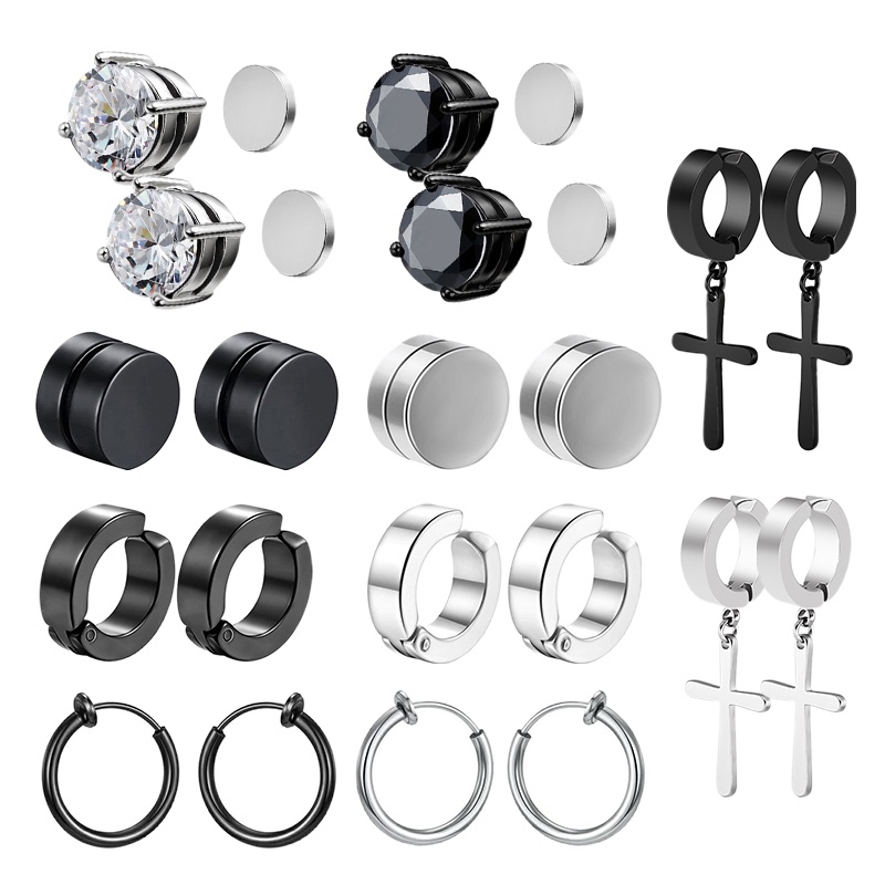 1 Pairs Stainless Steel Non-Piercing Magnetic Stud Earrings Unisex CZ ...