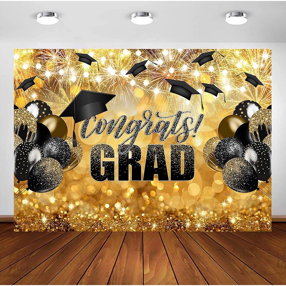 Congrats Grad Backdrop Black Gold Glitter Graduation Party Decorations ...