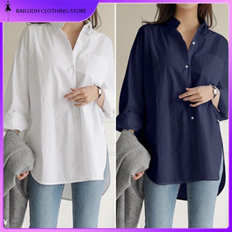 【stock】s-3xl White Navy Ladies' Loose Casual Long Sleeve Split Hem Plus 