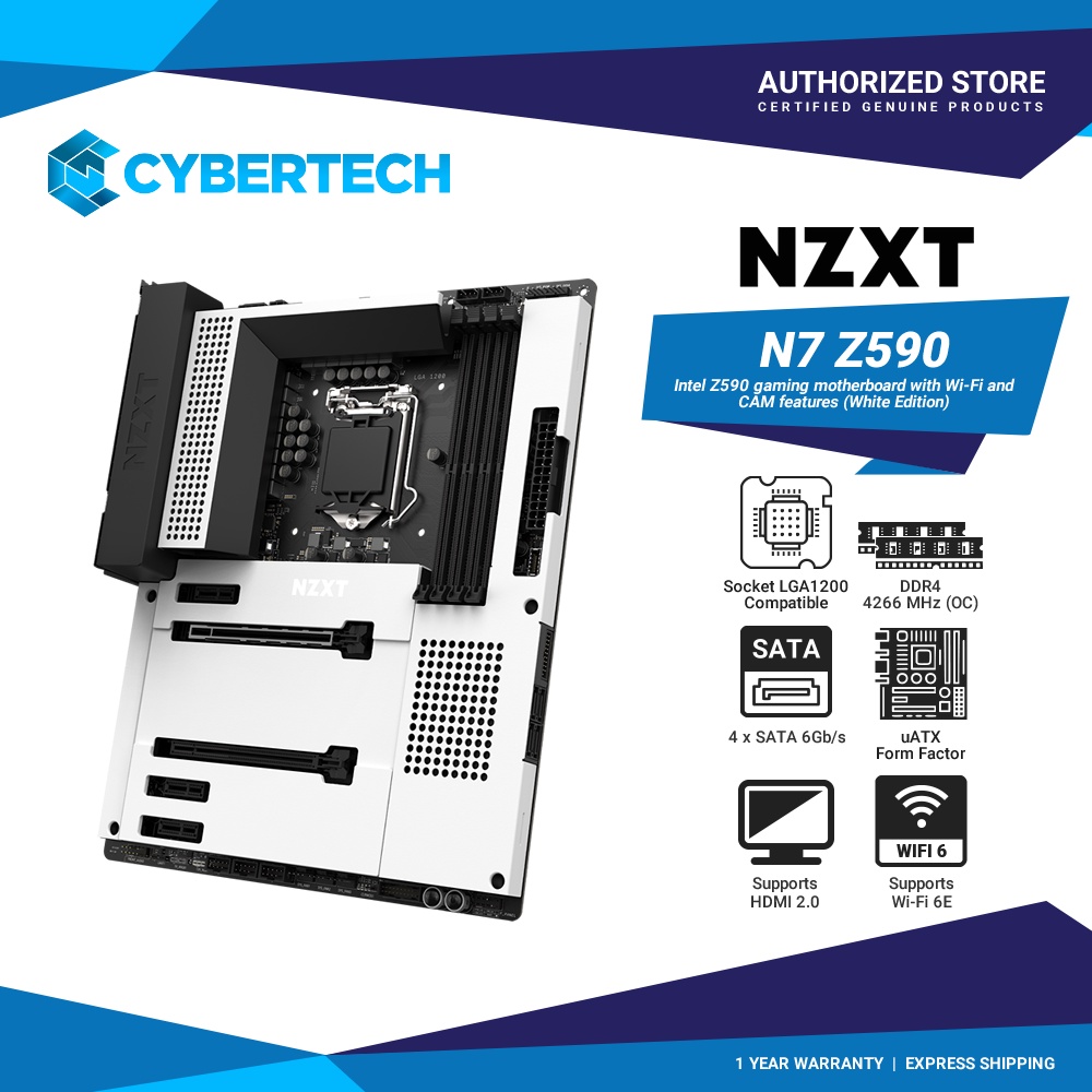 NZXT N7 Z590 Intel White Gaming Motherboard With WiFi And Cam Features