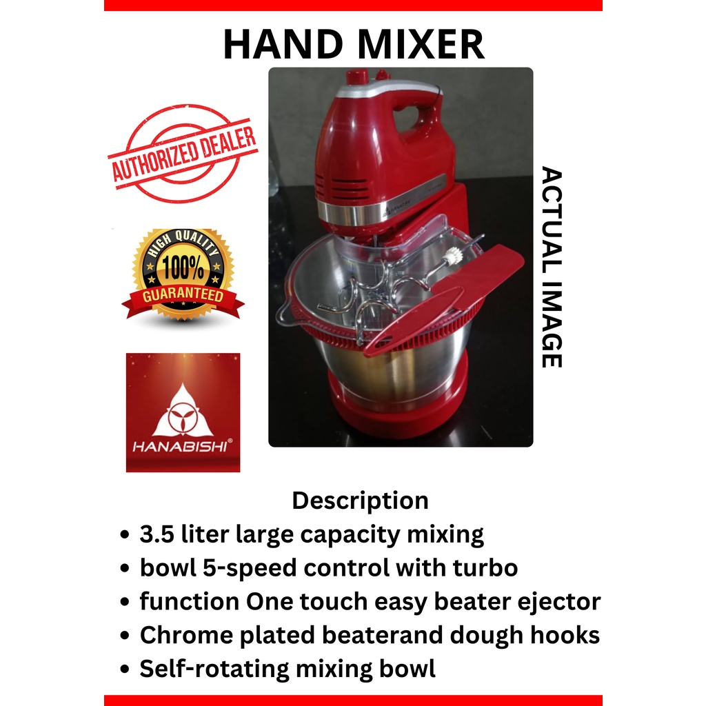 HAND MIXER W/ STAND 3.5 L MIXING BOWL 5 SPEED HHMB1600SS HANABISHI 8 Speed Multifunction 4.2