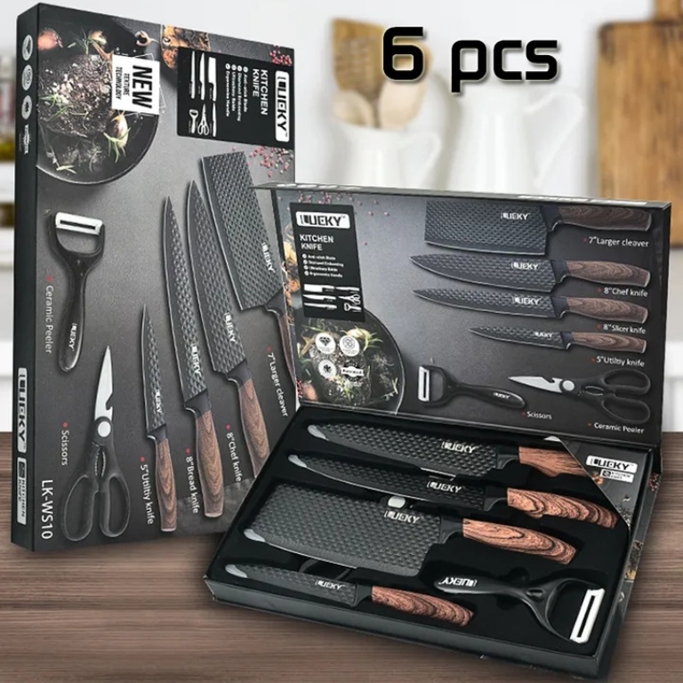 6PCS Chef Knives Set Black Blade Paring Utility Santoku Kitchen Slicing Bread Cooking Knives Set
