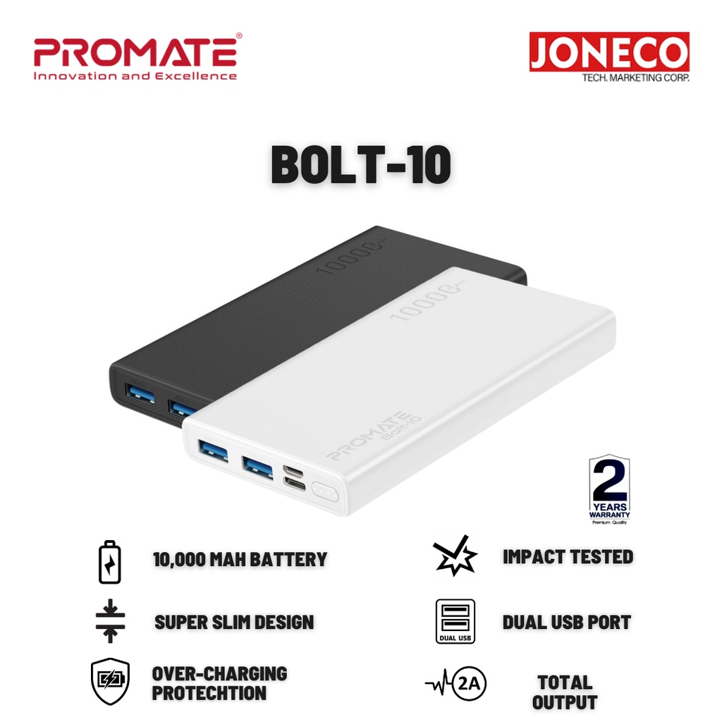 Promate Bolt 10 Compact Smart Charging Power Bank with Dual USB