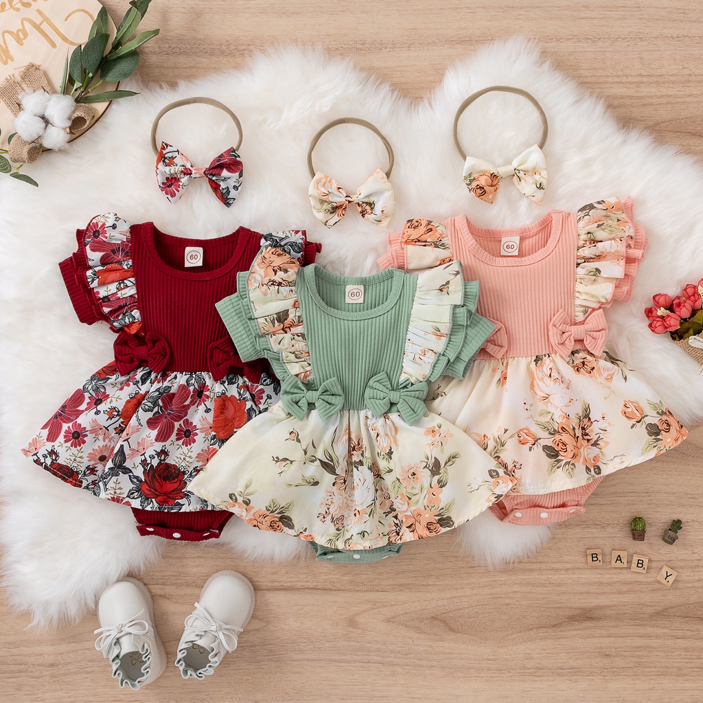 2-Piece Baby Girl Floral Romper Set With Bow Headband - Summer Sleeveless Jumpsuit