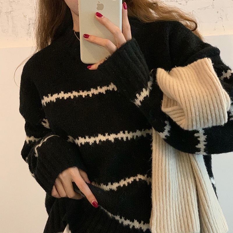 Korean style loose sweater for women long-sleeved striped half high ...