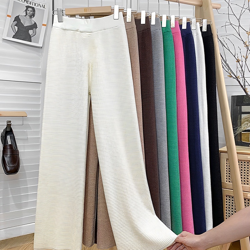 KILY.PH Waist Wide Leg Pants Womens Mini Wafflle Plain Trouser Pants