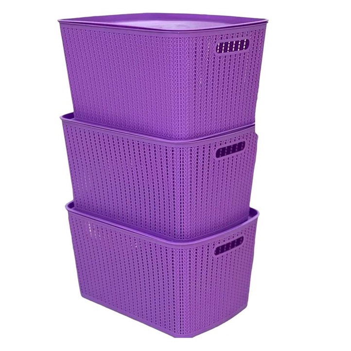 8909 (LAVENDER)XL PLASTIC RATTAN BASKET STORAGE BOX WITH COVER
