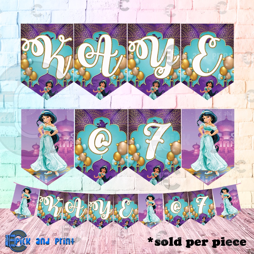 Customized Princess Jasmine Theme Name Flag Banner Banderitas for DIY ...