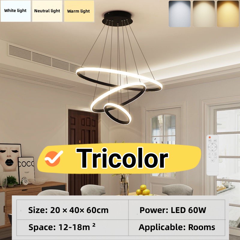 3 Ring LED Restaurant Pendant Light Tricolor Remote Control Ceiling ...