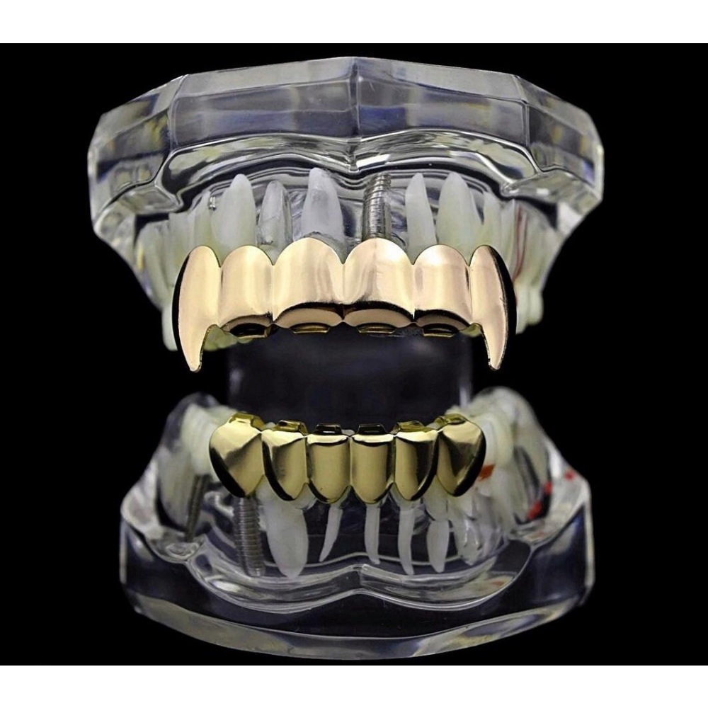 Real Shiny Gold Plated HIP HOP Teeth Grillz Top & Bootom Groll Set With