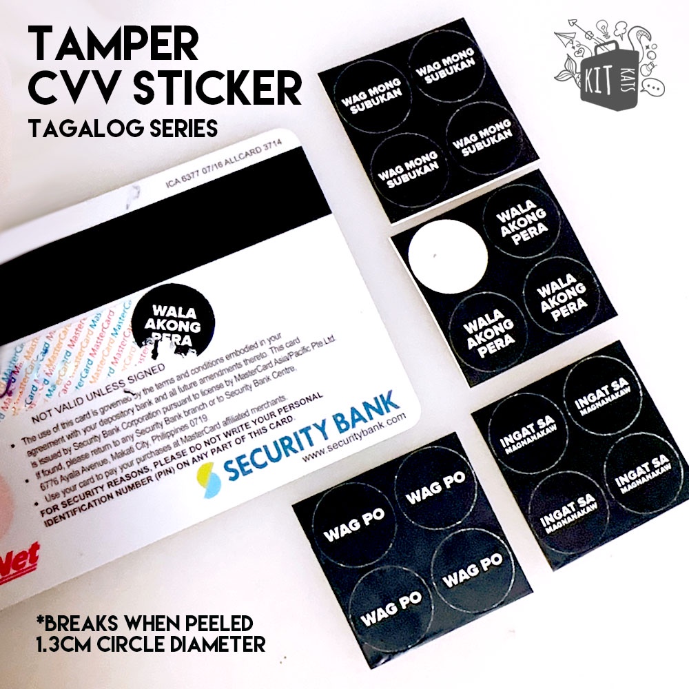 CVV tamper sticker. Breaks when peeled. Tagalog series design Shopee