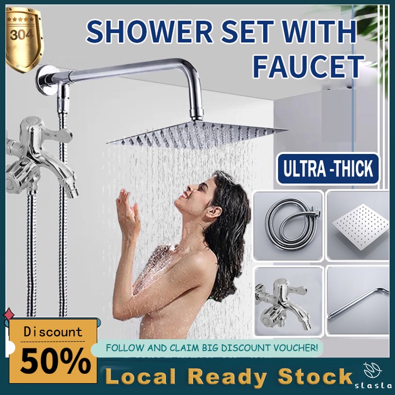 304 Stainless Steel Bathroom Square Rain Shower Set with 1 in 2 out