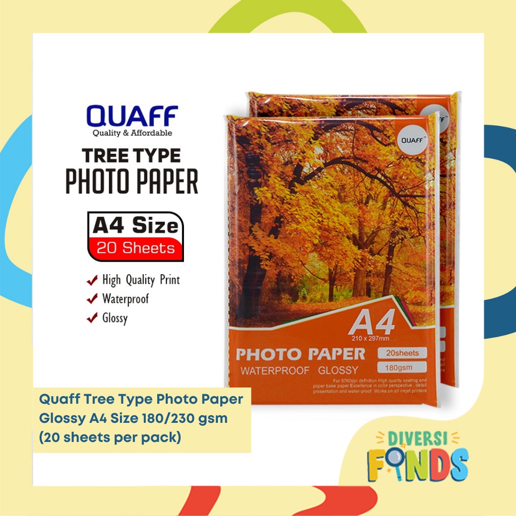 Photopaper Quaff 20sheets/pack A4 Size Waterproof Glossy 180gsm, 230gsm ...