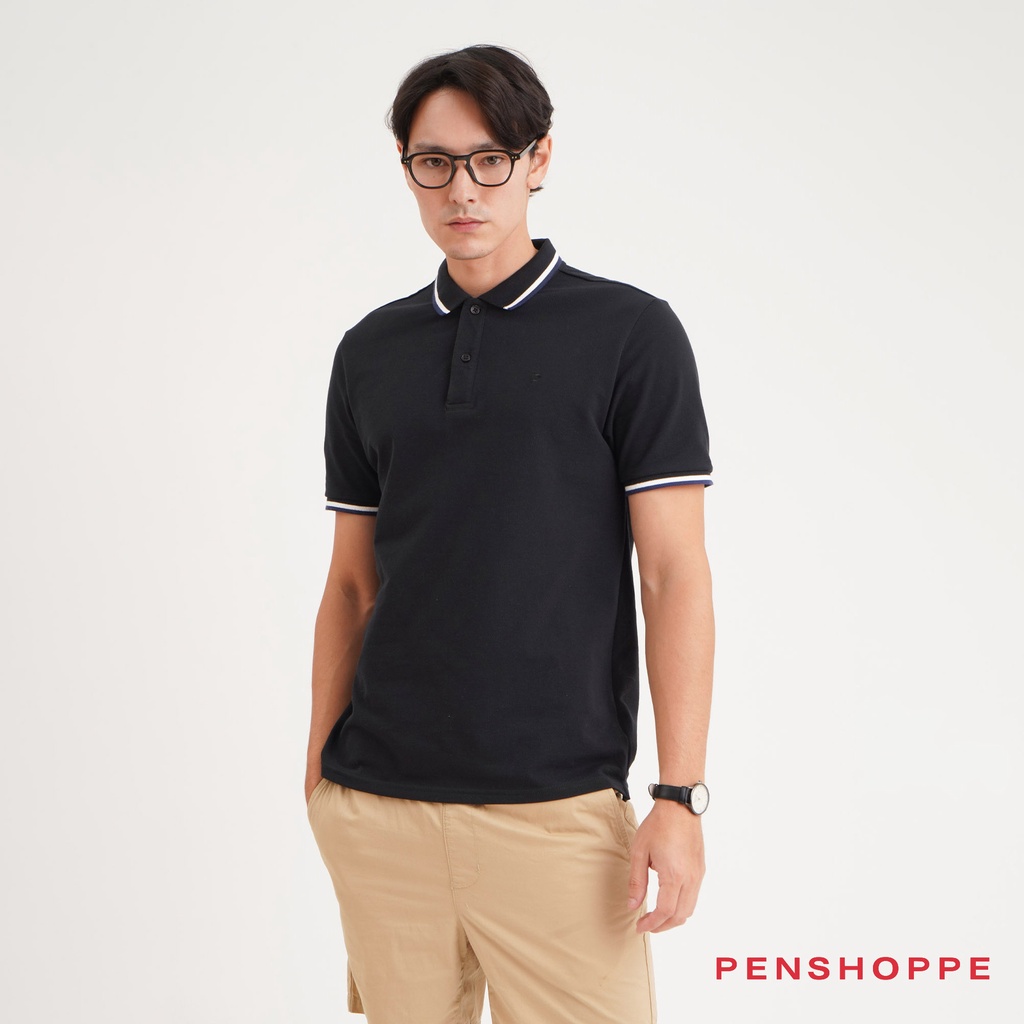 Penshoppe Relaxed Fit Polo With Tipping and Embroidery For Men (Black/Light  Yellow)