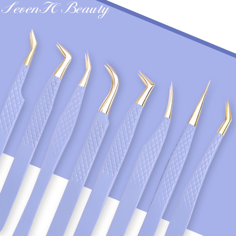 Purple False Eyelash Tweezers Set For Extension Stainless Steel Individual Curved Strip Lashes 4917