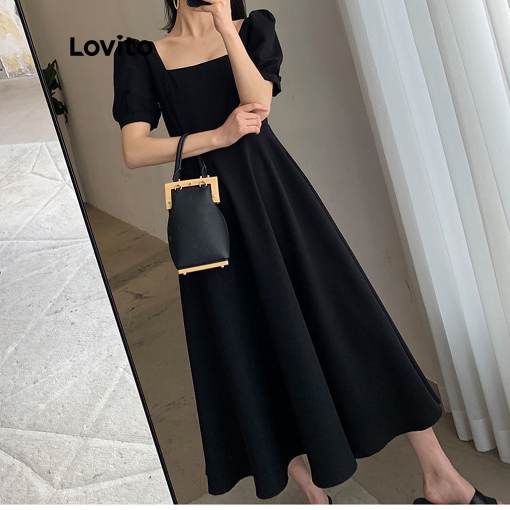 Lovito Elegant Plain Square Neck Puff Sleeve Dress for Women LNE01046