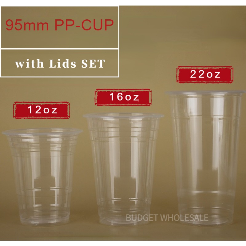 [100pcs] Plastic PP Flat Y Cup with Lids SET! (8oz, 12oz, 16oz, 22oz