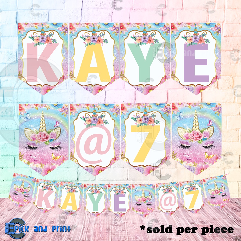 Customized Unicorn Theme Name Flag Banner Banderitas for DIY Party