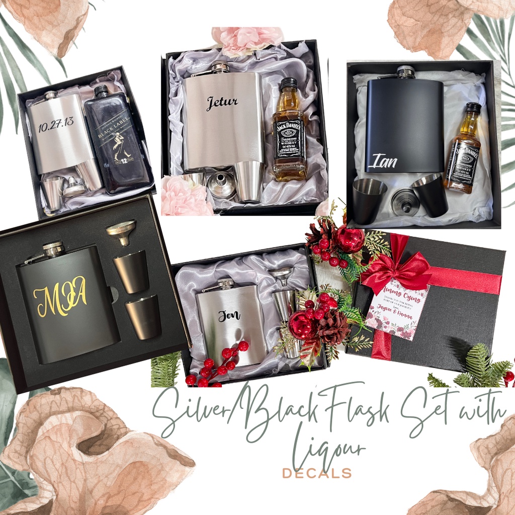 Silver Black Wine Hip Flask with glass and funnel set with REAL