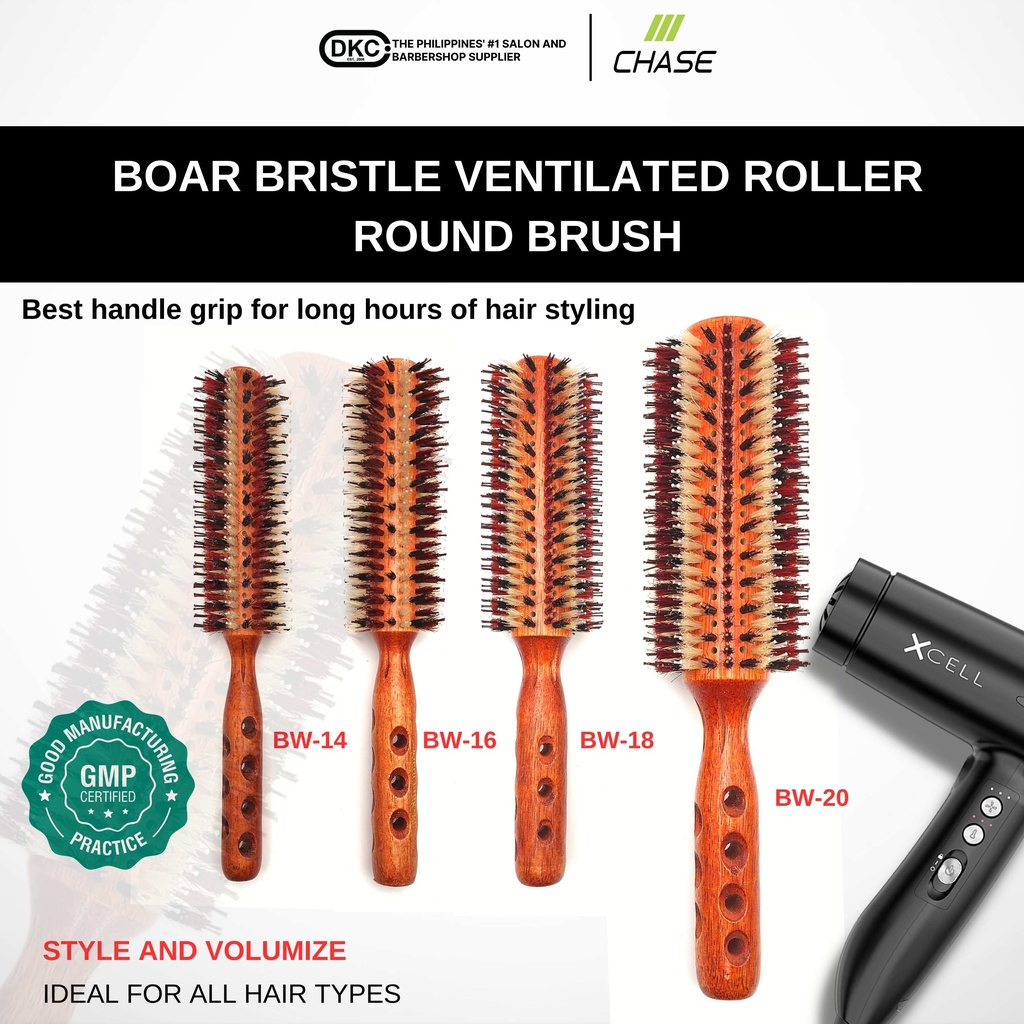 DKC Premium Natural Boar Bristle and Nylon Hair Roller Brush Solid Wood