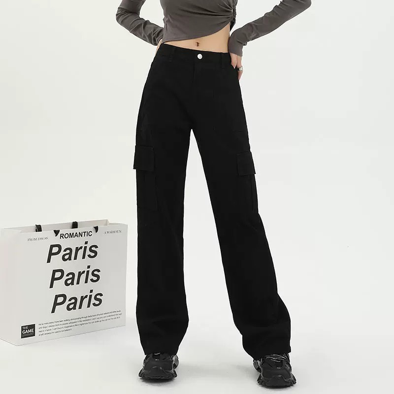 High-waist straight cargo with multiple bags, loose and thin wide leg ...