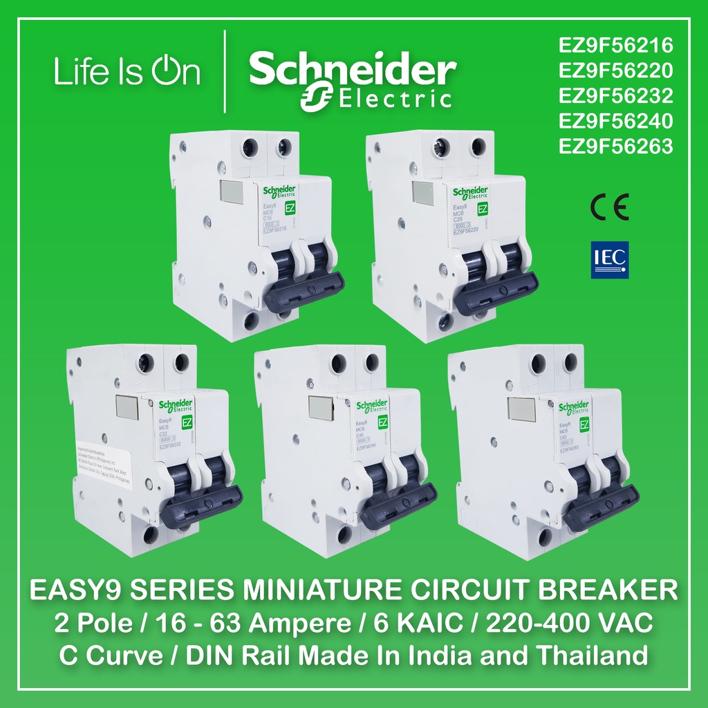 Schneider Electric Easy9 Miniature Circuit Breaker 2 Pole 16A63A Curve