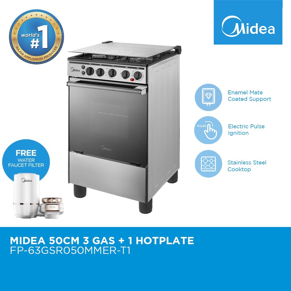 Midea Silver RT Gas Range 50cm with 3 Gas Burners with 1 Hot Plate FP