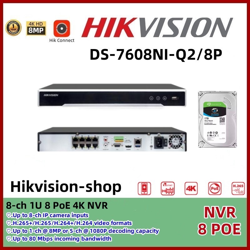 Hikvision 4/8ch with POE 4K CCTV NVR Face Detection H.265 Motion Detect