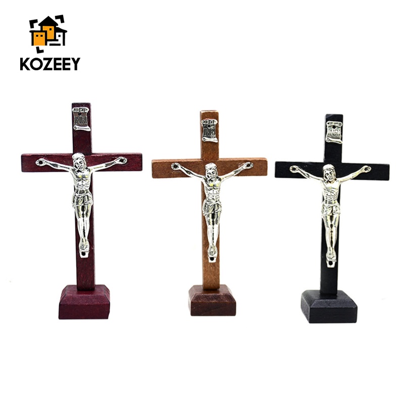 [meteor] Wooden Catholic Jesus Prayer Cross Crucifix with Stand Religious Prayer Tabletop Decor