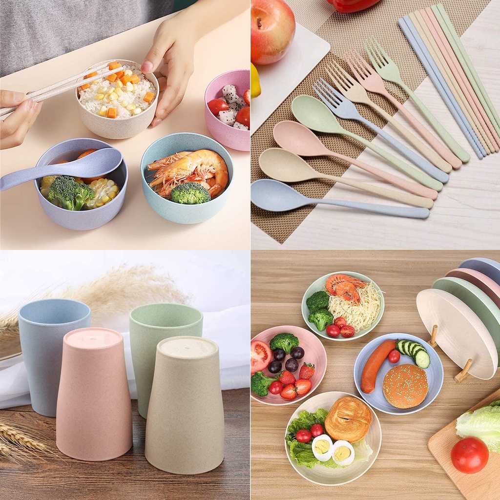 6Pcs/set Wheat Straw Tableware w/ Bowl Cup Chopsticks Fork Spoon Plate ...