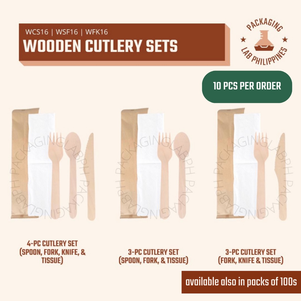 [10pcs] Disposable Wooden Cutlery Set Wooden Spoon Fork Set With Tissue
