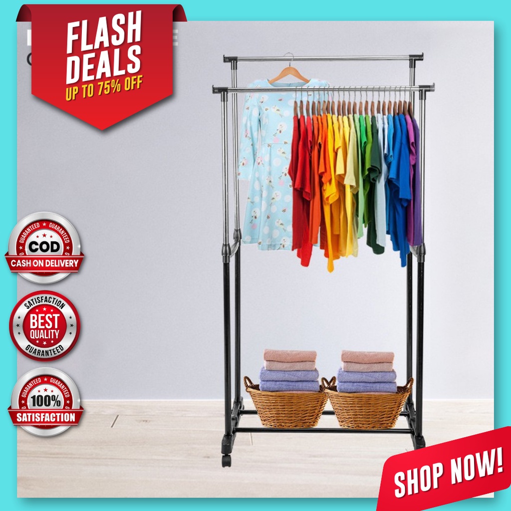 Stainless Steel Drying Laundry Rack with Castors Dryer Rack Double Rail  Hanging Clothes Rack