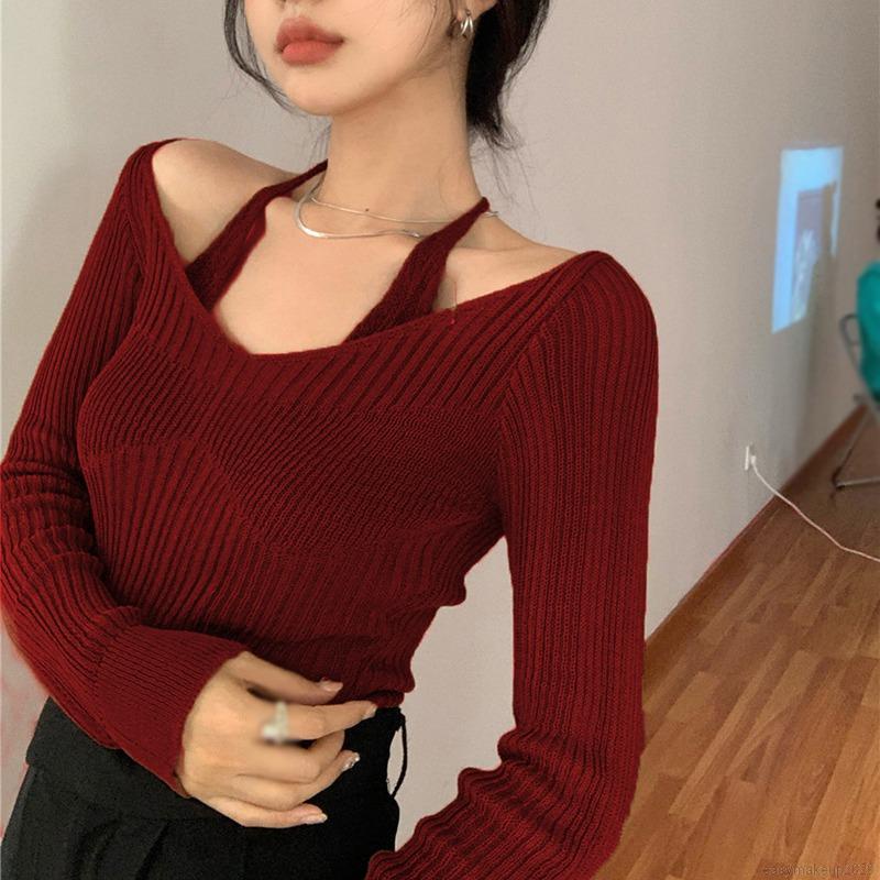 Floerns Women's One Shoulder Long Sleeve Crop Top - Rhinestone Party Tee Shirt