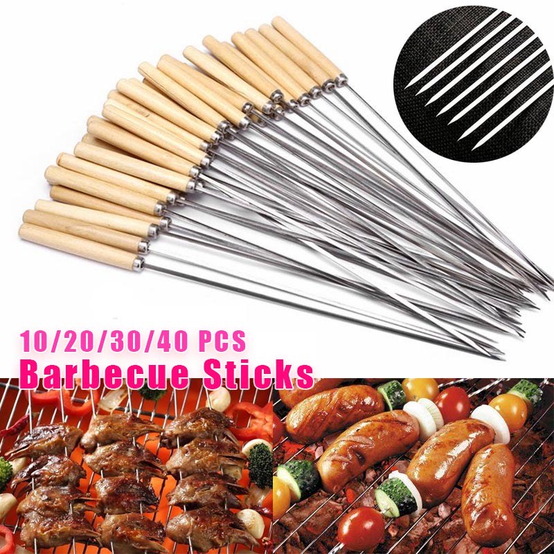 10PCS Barbecue Skewers Wooden Handle Stainless Steel BBQ Round Needle