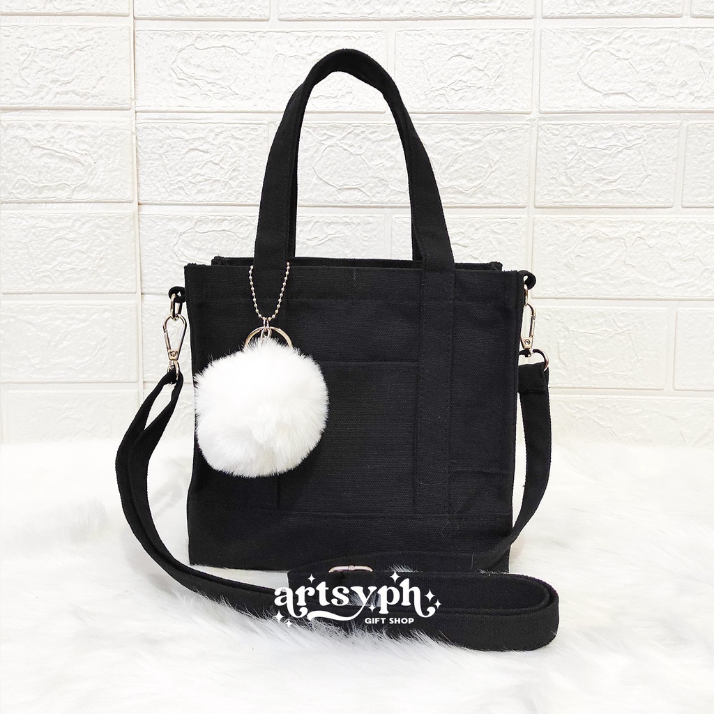 KATE Mini Canvas Sling Crossbody Tote Hand Bag (Free Furball Keychain