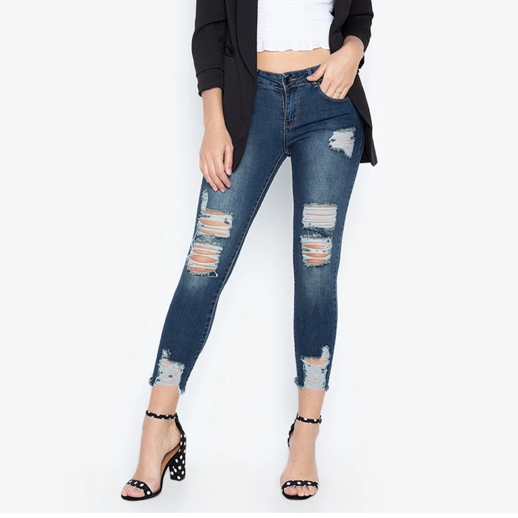 Denim blue ripped jeans women's pencil pants 2023 new elastic slim slim pencil long pants