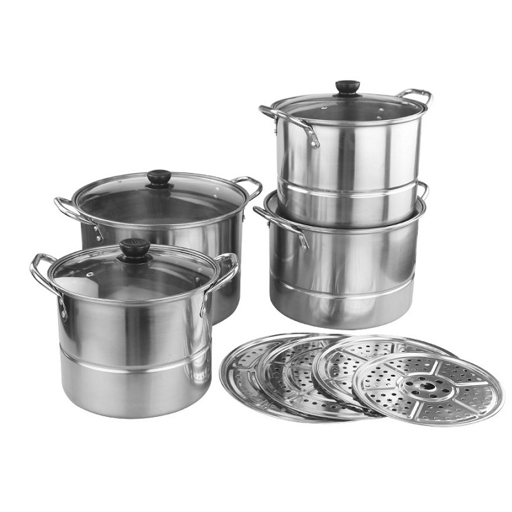 4PCS Stock Pot Set Stainless Steel with Glass Cover Casserole 22cm 24cm