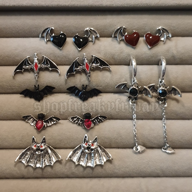 Heart Gem Bat Wings Ear Studs Earrings - Halloween Gothic Punk Harajuku ...