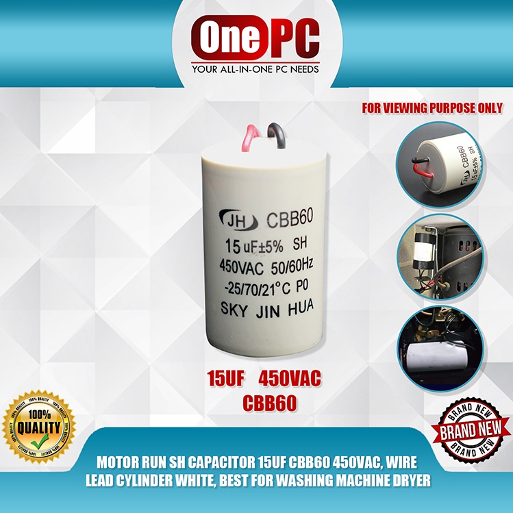 MOTOR RUN SH CAPACITOR 15UF CBB60 450VAC, WIRE LEAD CYLINDER WHITE ...