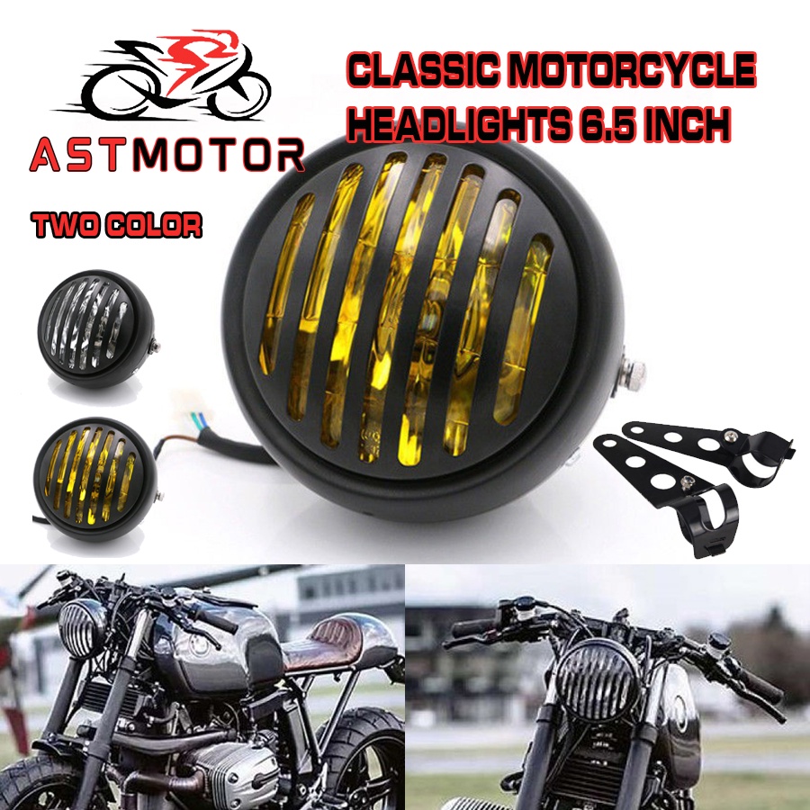 Classic Motorcycle Headlights Black Metal Grille Headlight 6.5inch